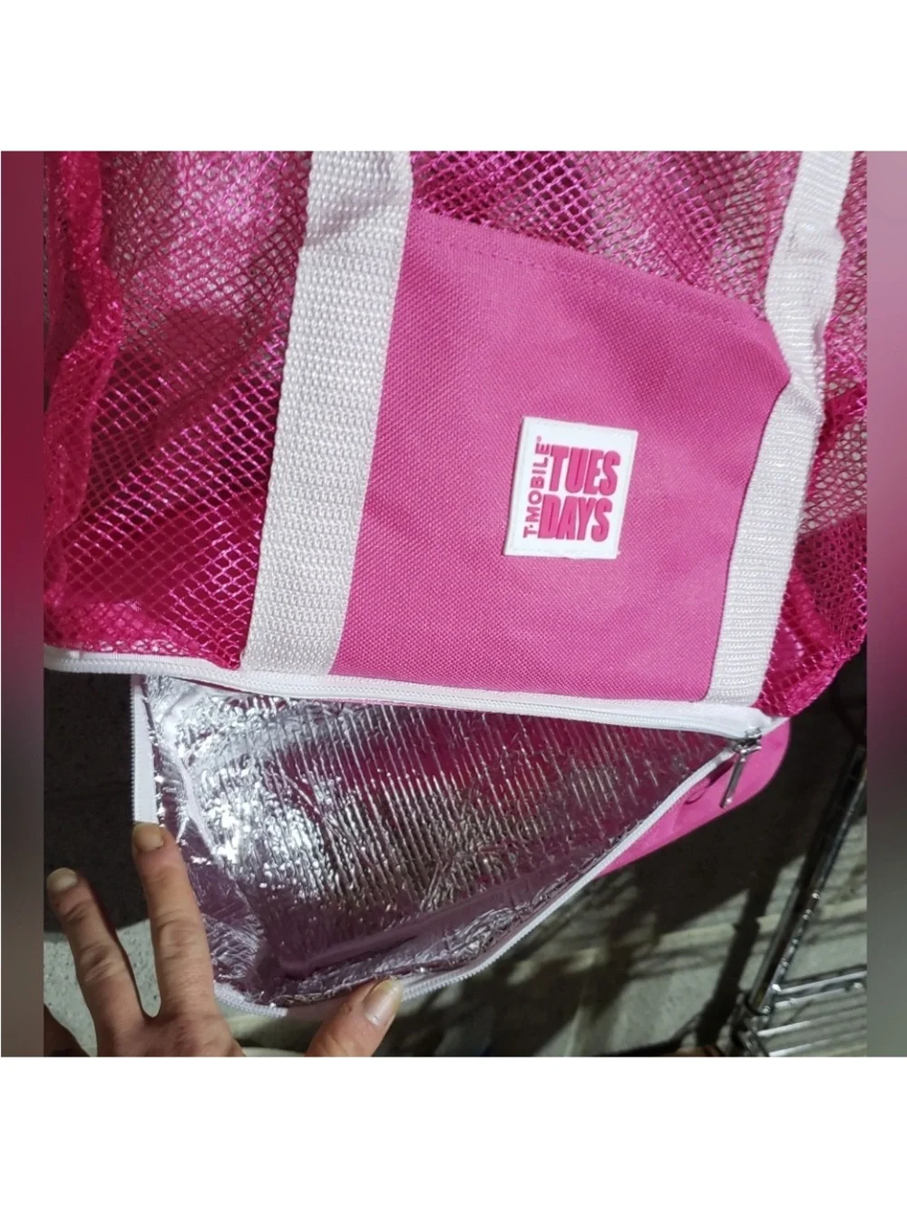 Pink Mesh Tote Bag with White Handles